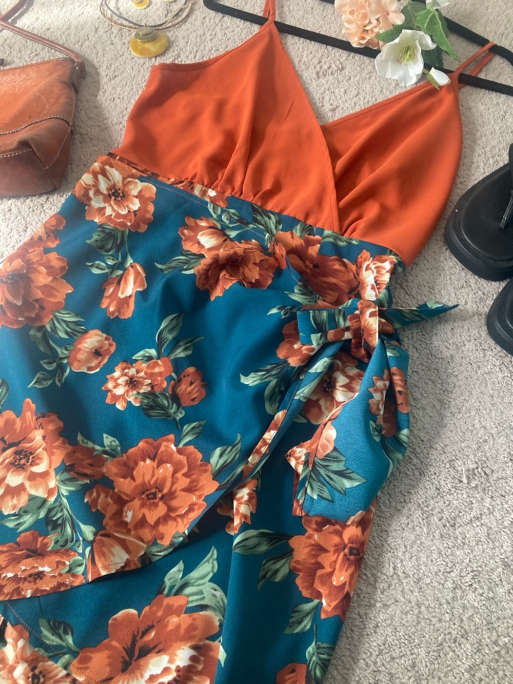 SHEIN Orange & Teal Floral Midi Dress